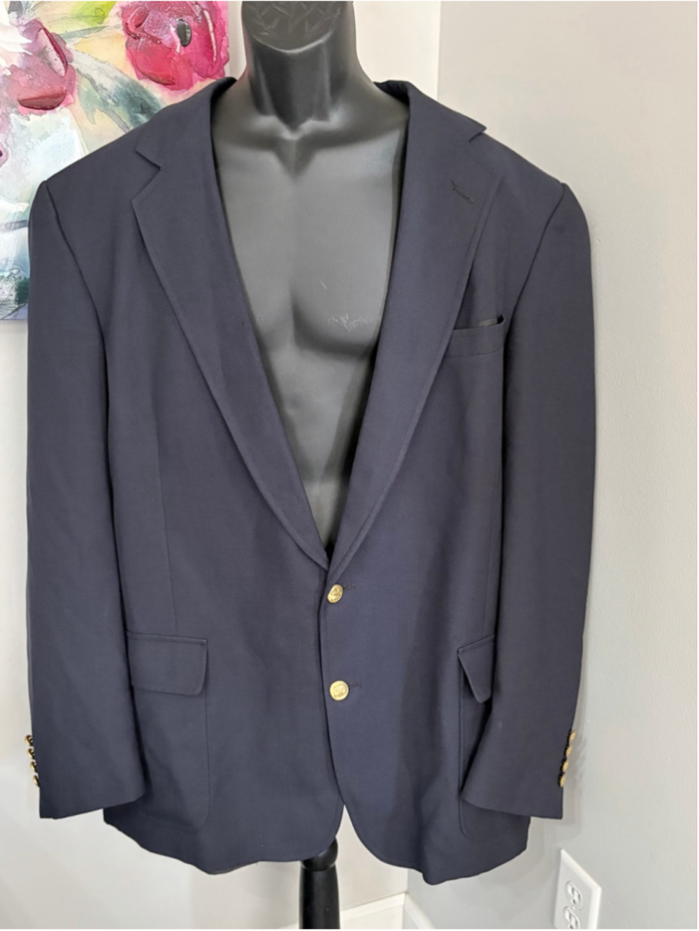 Palm Beach Navy Gold Button Sport Coat Blazer 52R - no size tag see pics
